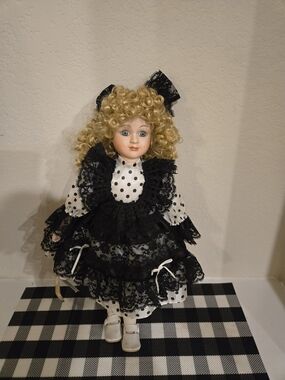 Collectible Porcelain Doll in Black & White Polka Dot Dress